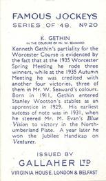 1936 Gallaher Famous Jockeys #20 Kenneth Gethin Back